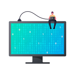 Tiny Male Character Sitting on Huge Computer Monitor with Binary Code on Desktop Screen with Laptop in Hands. Programmer Coding or Encrypt Information, Online Security. Cartoon Vector Illustration