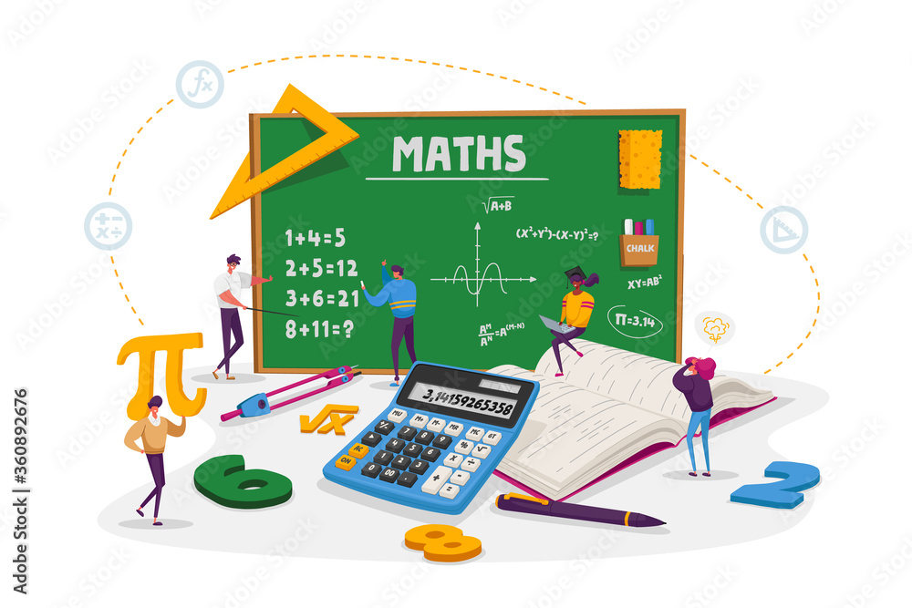 Math Science Concept. Tiny Male and Female Students Characters in Lab ...