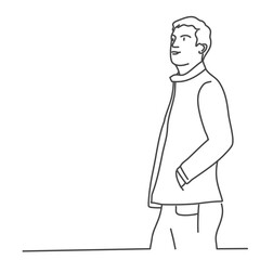 Sticker - Young man is standing, hands in pockets. Line drawing vector illustration.