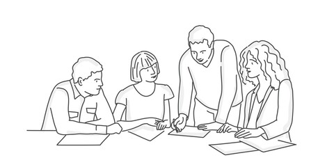 Poster - Group of business people sitting at office. Work concept.Line drawing vector illustration.