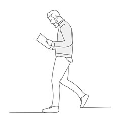 Sticker - Young man with a beard walks and reads a book. Line drawing vector illustration.