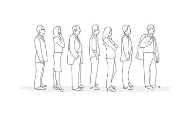 Wall Mural - Business people standing in row. Line drawing vector illustration.