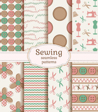 Sewing And Needlework Seamless Patterns. Vector Set.