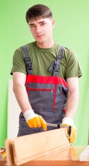 Wall Mural - Young man carpenter working in workshop