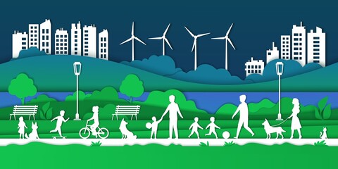 Paper Eco city. Happy families in park with children and dogs, smart city and environmental protection concept. Vector illustrations green futuristic background with house, family and pets