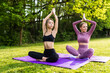 © F8  \ Suport Ukraine - Two beautiful young woman sit meditation doing yoga in park. Relaxing and meditating while being surrounded by nature in summer park