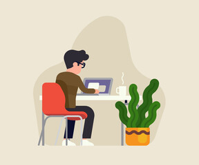 Flat vector illustration on man working on laptop seeing from behind, isolated