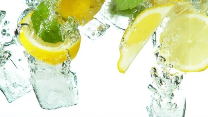 Aufkleber - Super slow motion of lemon slices falling into water with ice cubes on white. Filmed on high speed cinema camera, 1000 fps.