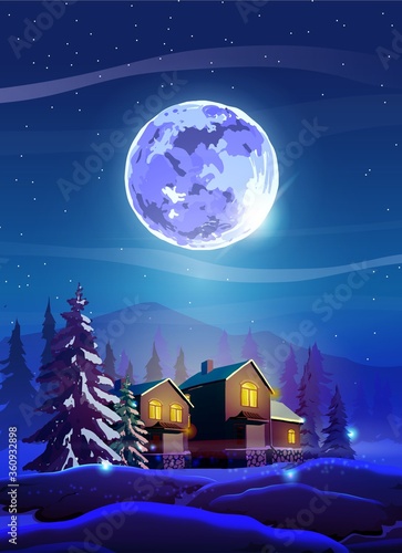Card with vertical night beautiful landscape with winter houses, trees, mountain and Moon. Shine with purple moon, snow and deep blue sky. Landscape background for your arts