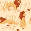 © An-Maler - Seamless pattern of male proud powerful cute lion character cartoon style animal design flat vector illustration on beige background