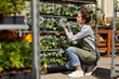 © Seventyfour - Full length portrait of young female worker caring for plants in nursery greenhouse at modern farm lit by sunlight, copy space