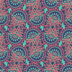  Seamless pattern with ethnic flowers. Vector Floral Illustration in asian textile style