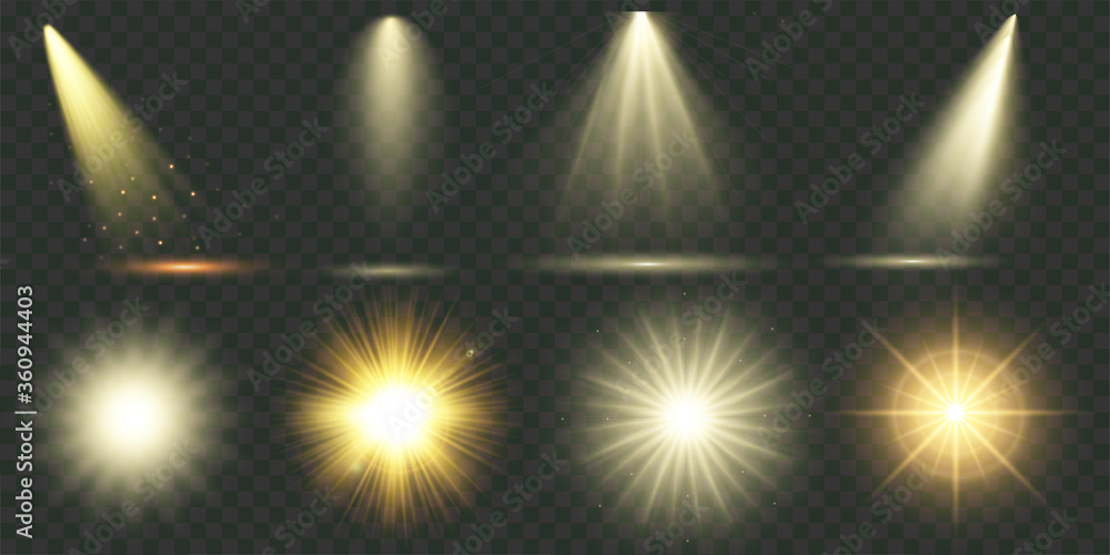 Light effect. Vector shining golden bright light. Set of flashes, lights and sparks. Abstract golden lights isolated on a transparent background. Bright gold flashes and glares. Vector illustration - obrazy, fototapety, plakaty 