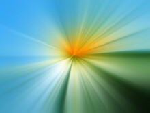 Abstract Green-blue Zoom Effect Background. Digital Image. Rays Of Green, Blue, Yellow Light. Colorful Radial Blur, Fast Motion Scaling Speed, Sun Rays Or Starburst.