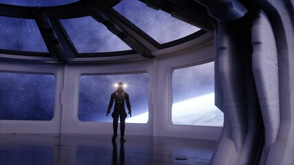 Wall Mural - alone astronaut in futuristic spaceship, room. view of the earth. cinematic 4k footage.