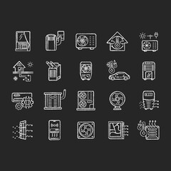 Sticker - Air conditioning chalk white icons set on black background. Climate control technology. Different household appliances and systems for temperature control. Isolated vector chalkboard illustrations