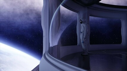 Wall Mural - alone astronaut in futuristic spaceship, room. view of the earth. cinematic 4k footage.
