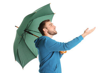 Poster - Handsome young man with umbrella on white background