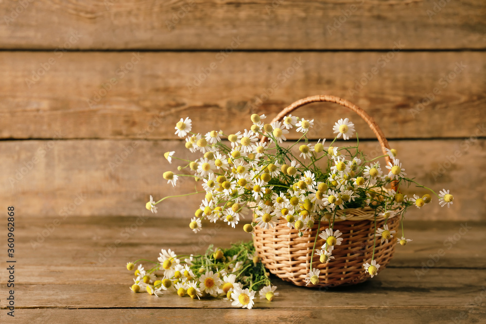 Basket with chamomile flowers on wooden background
