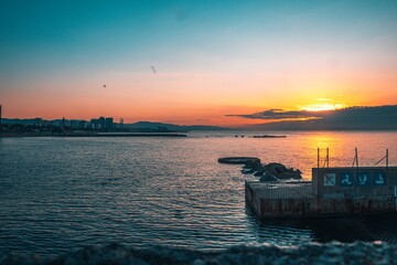 Poster - Sea during the bright orange sunset