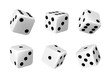White dices with black dots set. Pipped dices with rounded corners. Die for casino craps, table or board games, luck and random choice symbol from different sides view, isolated 3d realistic vector