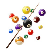Billiard Balls And Cue 3d Realistic Vector. Various Color Billiard Balls With Digits Flying In Air, Wooden Cue Isolated On White Background. Snooker Or Pool Club, Sport Competition Equipment