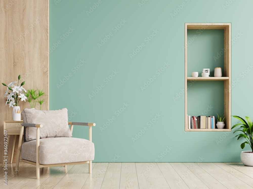 The interior has a armchair on empty green wall background. - obrazy, fototapety, plakaty 
