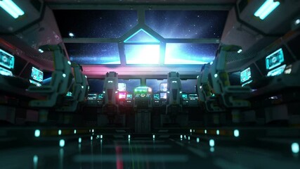 Wall Mural - space ship futuristic interior. sunrise view from cabine. galactic travel concept.