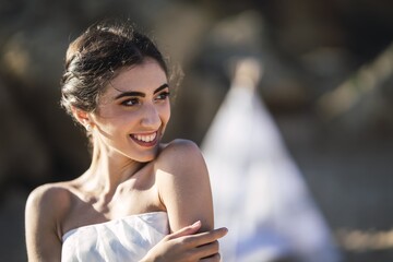 Poster - Portrait of a brunette caucasian bride with a natural happy smile on her face