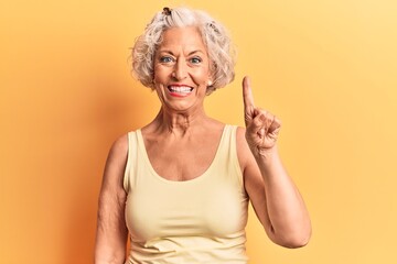 Wall Mural - Senior grey-haired woman wearing casual clothes showing and pointing up with finger number one while smiling confident and happy.