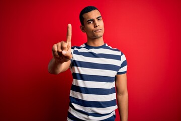 Wall Mural - Handsome african american man wearing casual striped t-shirt standing over red background Pointing with finger up and angry expression, showing no gesture