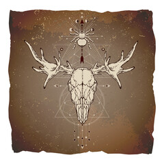 Wall Mural - Vector illustration with hand drawn moose skull, spider and Sacred geometric symbol on vintage paper background with torn edges. Abstract mystic sign. Image in sepia and red color. 