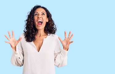 Wall Mural - Middle age beautiful woman wearing casual sweater crazy and mad shouting and yelling with aggressive expression and arms raised. frustration concept.