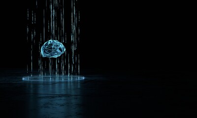 Wall Mural - 3d rendering of artificial intelligence processing. glowing blue brain and abstract binary data. for