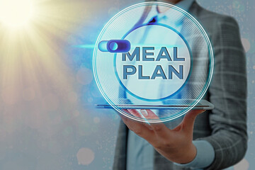 Text sign showing Meal Plan. Business photo showcasing act of taking time to plan any number of meals for the week Graphics padlock for web data information security application system