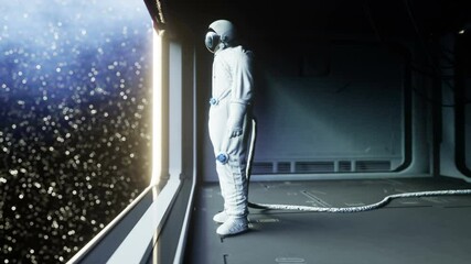 Wall Mural - alone astronaut in futuristic space corridor, room. view of the earth. cinematic 4k footage.