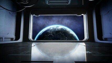 Wall Mural - futuristic space corridor, tunnel. flight view of the earth. cinematic 4k animation.