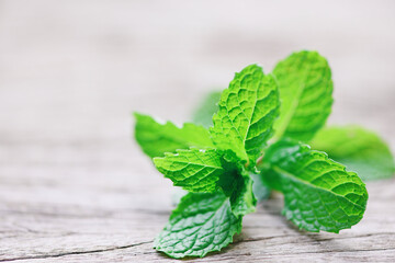 Wall Mural - Peppermint leaf on wooden background - Fresh mint leaves nature green herbs or vegetables food