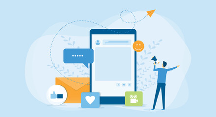 Wall Mural - flat vector illustration design social media online marketing with mobile application concept