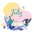 © MySunShine - Monthly calendar page with text Hello July and cute character rabbit. Colorful summer card or background with white hear, beautiful butterflies, leaves, grass and flowers. Vector illustration.