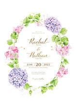 Floral Wedding Invitation Card, Hydrangea, Pink Flower And Greenery. Watercolor Style. Vector. Layout In 5x7 Inch.