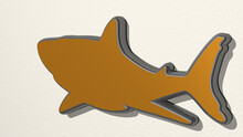 SHARK Made By 3D Illustration Of A Shiny Metallic Sculpture On A Wall With Light Background. Animal And Fish