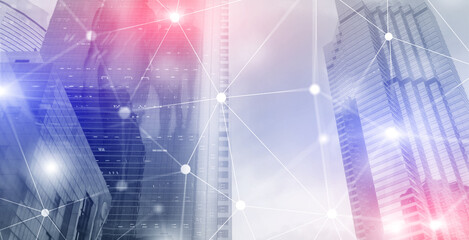 Wall Mural - multi colored futuristic cyber network. smart city concept. abstract line connection.