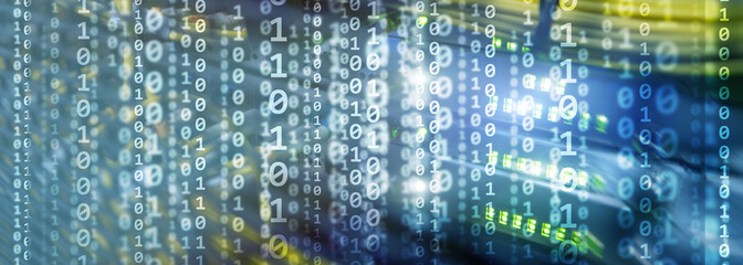 Wall Mural - matrix futuristic theme multiple exposure binary numbers. data center website banner.
