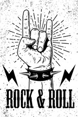 Wall Mural - Rock and roll poster template. hand with rock and roll sign on grunge background. Design element for logo, emblem, card,banner, t-shirt. Vector illustration