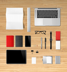 Canvas Print - Wooden office desk branding mockup top view