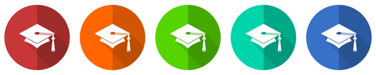 Poster - Education icon set, red, blue, green and orange flat design web buttons isolated on white background, vector illustration