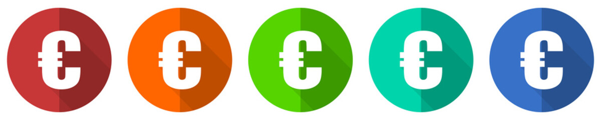 Leinwandbilder - Euro icon set, red, blue, green and orange flat design web buttons isolated on white background, vector illustration