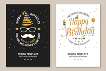 Wish You A Very Happy Birthday Dear Friend. Badge, Card, With Birthday Hat, Firework, Mustache And Cake With Candles. Vector. Set Of Vintage Typographic Design For Birthday Celebration Emblem