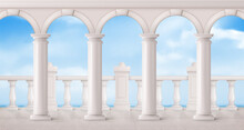 White Marble Balustrade, Arches And Columns On Balcony Or Terrace With Overlooking To Sea. Vector Realistic Landscape With Baroque Railing, Classic Roman Pillars, Ocean And Sky